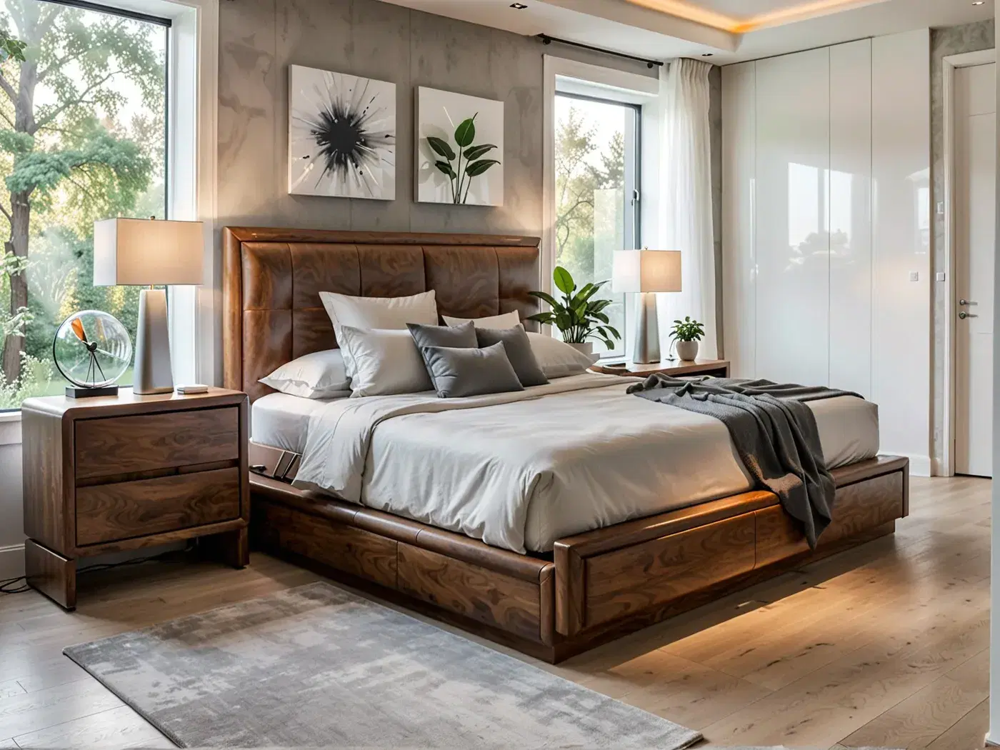 Photorealistic walnut bedroom generated from a structured AI interior design prompt