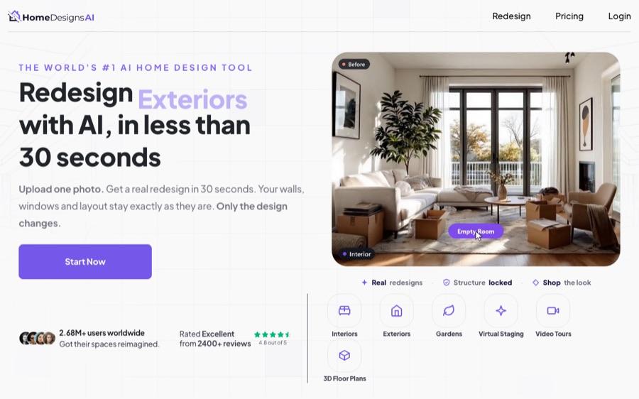 Page d'accueil de HomeDesigns AI