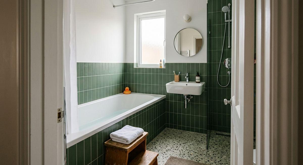 2. Family bathroom with green tiles