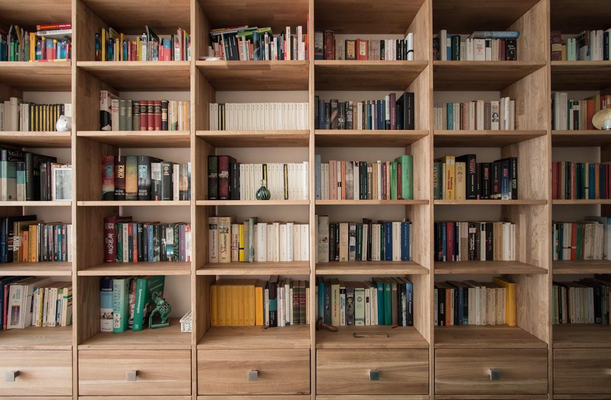 Étagère ouverte en chêne clair garnie de livres