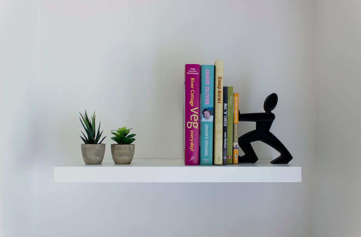 Étagère murale flottante blanche garnie de livres et petites plantes