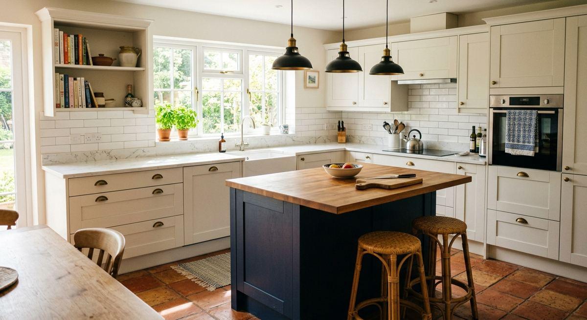 2. L-shaped kitchen with a navy island
