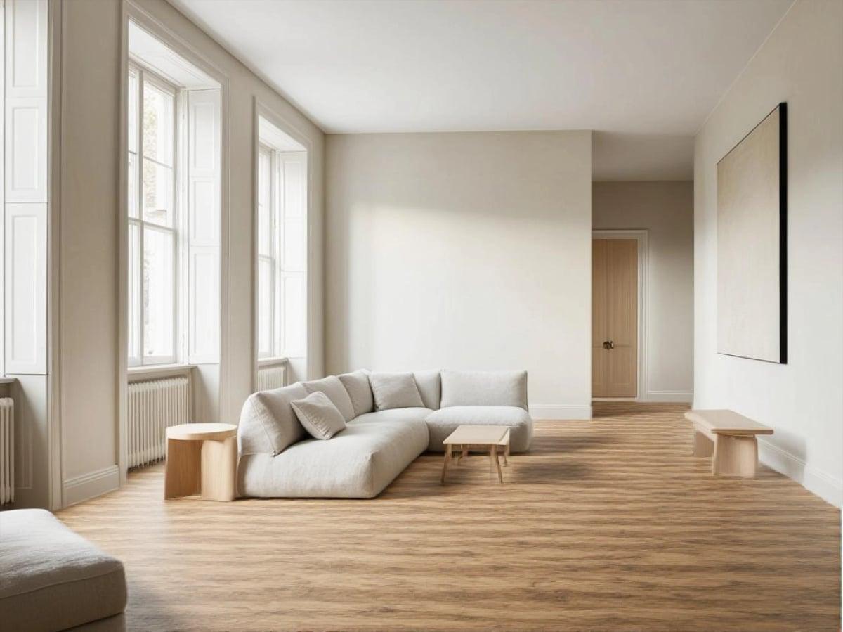 Living room with a new wood-look floor / Salon avec un nouveau sol aspect bois