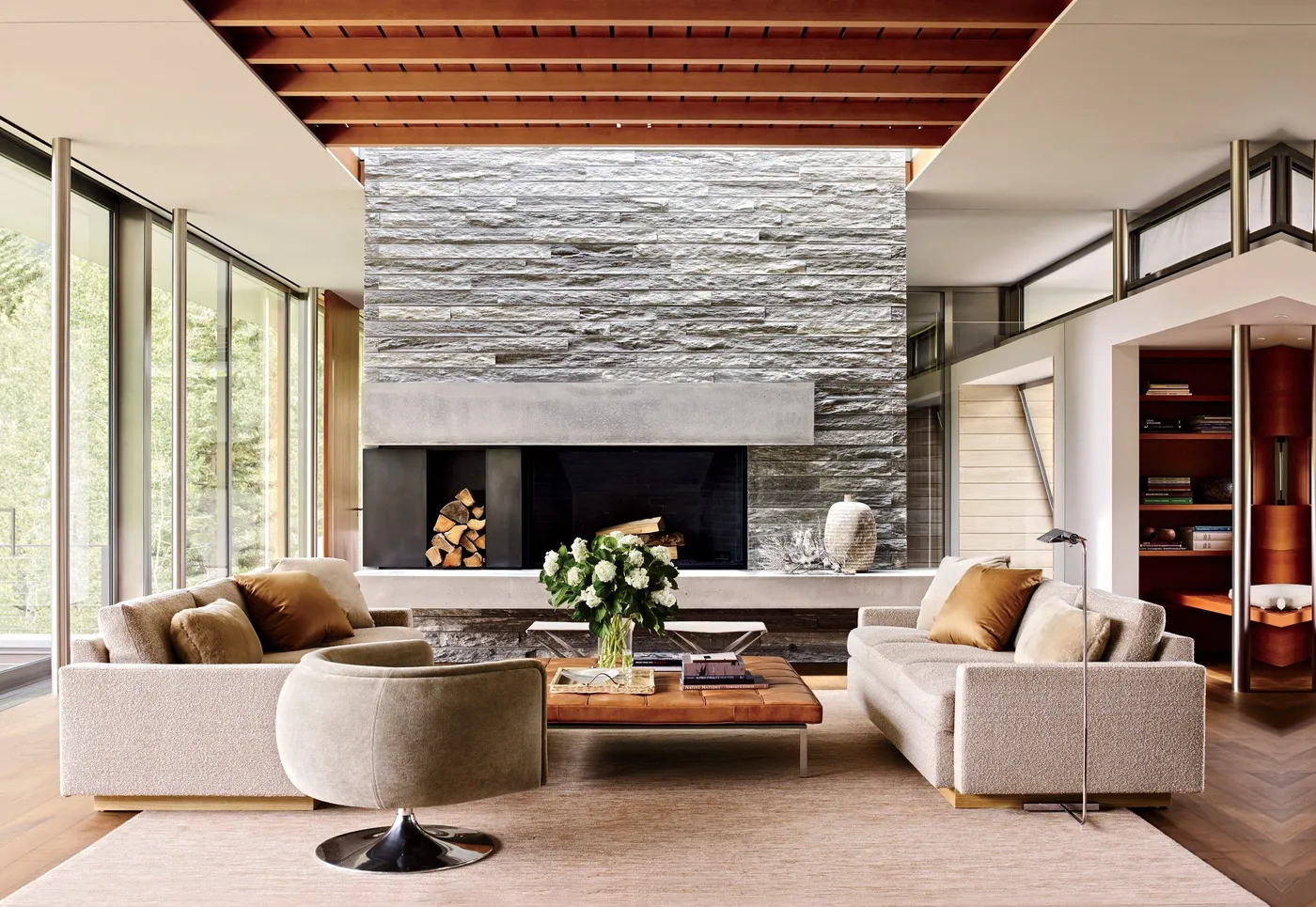 Stone-fireplace living room designed with STYLY